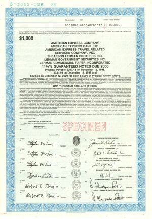 American Express Co. - 1985 dated $1,000 Specimen Bond - Many Facsimile Signatures